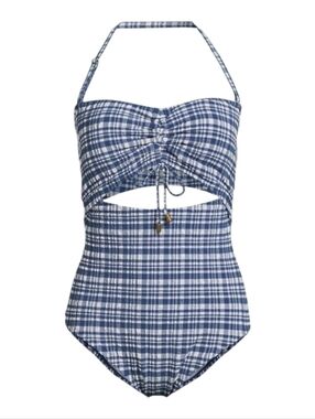 Time and Tru Bandeau Cut Out Seersucker One Piece Swimsuit